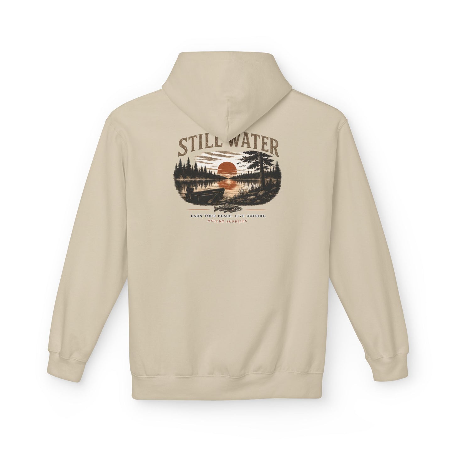 Still Water Hoodie – Vintage Lake Sunset Graphic Pullover