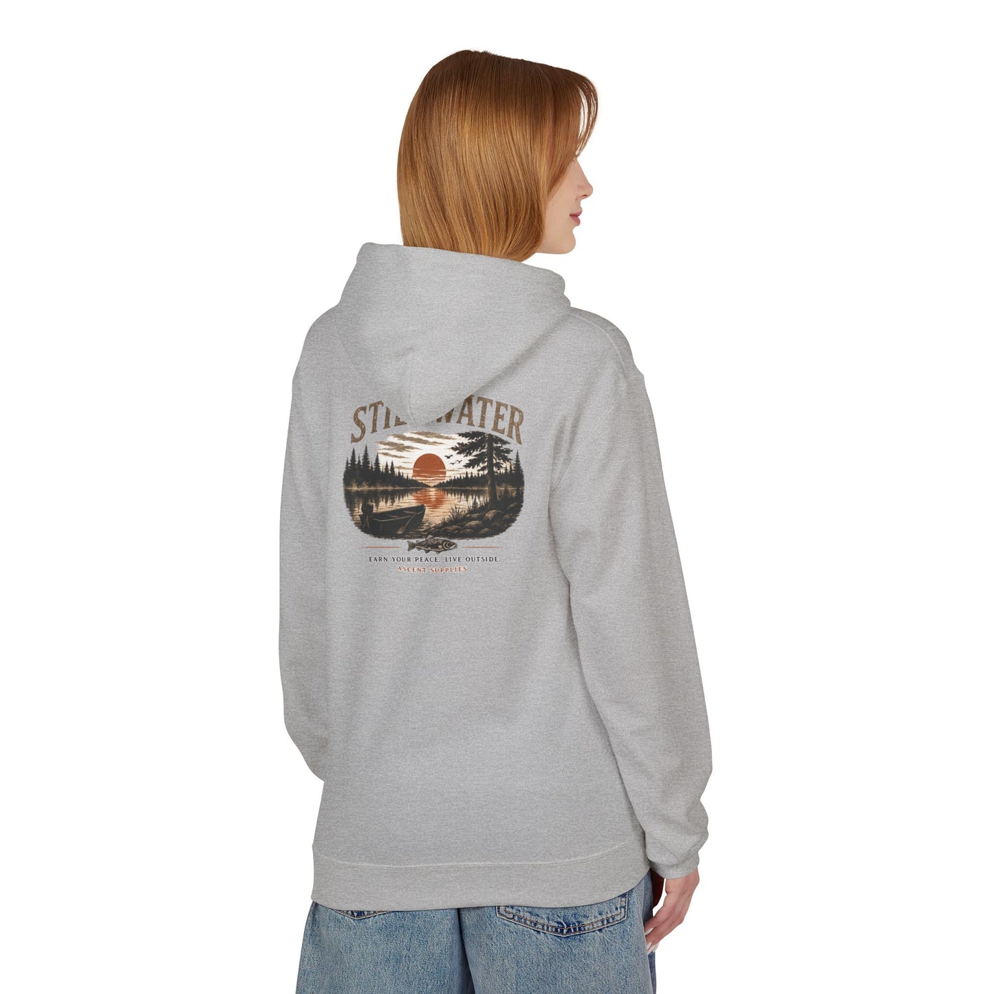 Still Water Hoodie – Vintage Lake Sunset Graphic Pullover