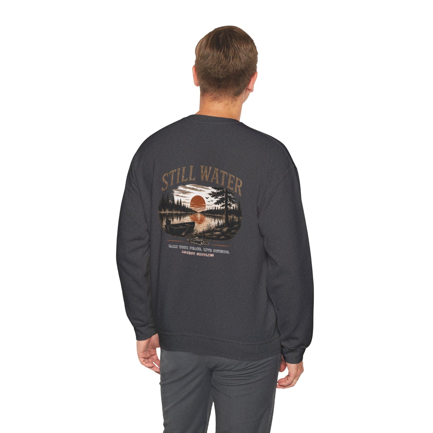Still Water Crewneck Sweatshirt — Retro Lake Sunset Graphic Sweatshirt