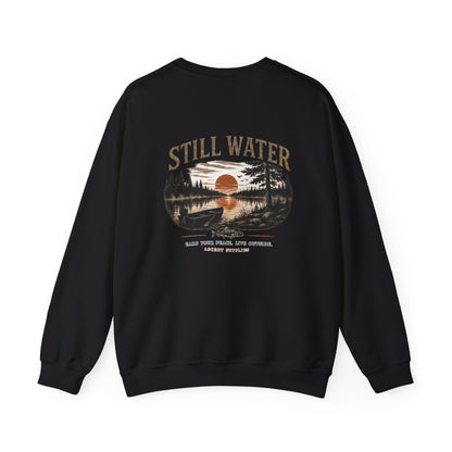 Still Water Crewneck Sweatshirt — Retro Lake Sunset Graphic Sweatshirt